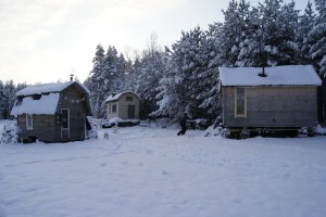 Tre hus på jul vid skogsbrynet. Foto: Agata Mazgaj
