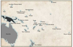 Önationerna i Mikronesien enligt truepacificdotcom. Här finns cirka 40 miljoner invånare, inkluderar Australien, Nya Zeeland och Papua nya Guinea.